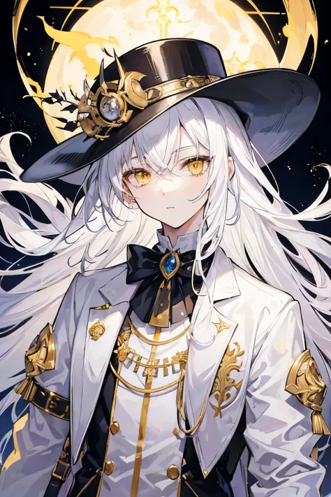 Male about 18 years old, White Gothic jacket with golden roots pattern, white top hat, white long hair, yellow eyes, Yigdrasil.