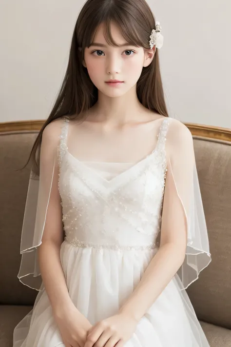 ((highest quality)), ((Photo quality)), (detailed), Perfect Face，White skin，11 years old，Sheer dress,delicate,sofa