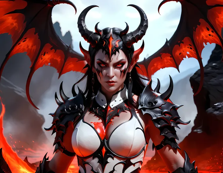 fantasy art, rpg art, masterpiece, a portrait picture o hellish female demon from hell, she has (black horns: 1.2), (black: 1.2)...