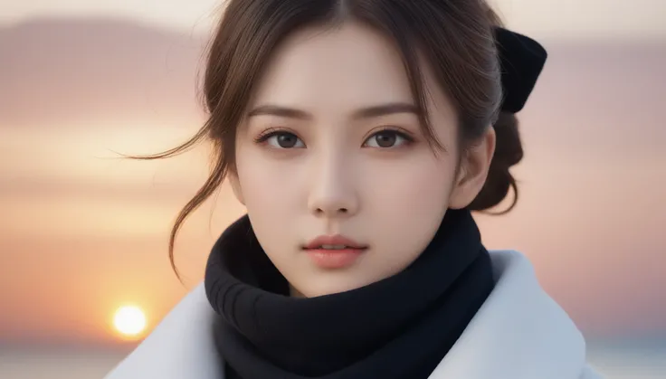 8K, 超High resolution, highest quality, masterpiece, Surreal, photograph,Three-part method, 1 girl, (16 years old:1.3), pretty girl, Cute face, Beautiful eyes in every detail,Japan Female Announcer,(wearing a long winter coat and scarf、Close-up of thin blac...