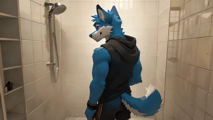 light_blue fox anthro furry odd_eye a_male no_hair black_sleeveless_hoodie black_clothes short_stature alone black_shorts anime pink_eye_and_red_eye muscles big_tail earring_in_right_ear_only wristband choker scars backrooms creepy wired shower_room yellow...