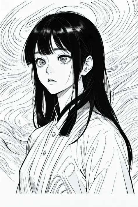 Long hair in women, black背景, sad, Expressionless, shot in the chest, Upper body close-up, rough Expressive lines, Expressive lines, dark lines, Dense lines, Strong line drawing, masterpiece, highest quality, Super quality, Very delicate and beautiful, horr...