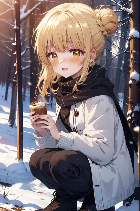 I am mahirushiina, Mahiru shiina, blonde, (Brown eyes:1.7), Long Hair, happy smile, smile, Open your mouth,Hair Bun, single Hair Bun,blush,White Breath,
Open your mouth,snow,Ground bonfire, Outdoor, boots, snowing, From the side, wood, suitcase, Cape, Blur...