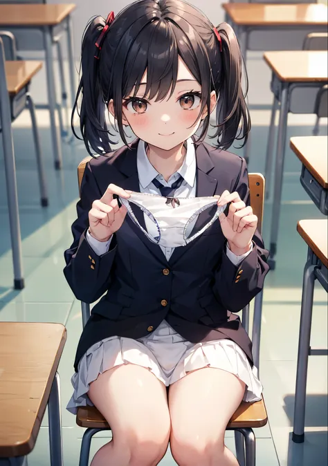 (masterpiece, 4k resolution, ultra-realistic, very detailed), girl、、12 years old、close to a blazer、sit on a chair、classroom、smil...