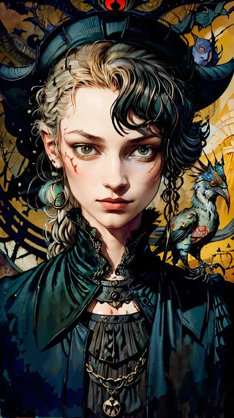 painting of a woman with a hat and a bird in the background, Abigail Larson, Portrait of a Bloody Hunter, Vania Zouravliov, Estilo de Dave McKean, arte transmitida pelo sangue, takato yamamoto aesthetic, O Homem-Areia Surreal de Neil Gaiman, Miguel Hussard...