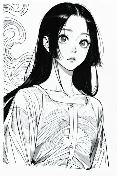 Long hair in women, black背景, sad, Expressionless, shot in the chest, Upper body close-up, rough Expressive lines, Expressive lines, dark lines, Dense lines, Strong line drawing, masterpiece, highest quality, Super quality, Very delicate and beautiful, horr...