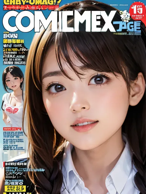 (((comic magazine's cover, large title, many heading))), high-definition image, eyes realistic sizing, realistic skin, drooping ...