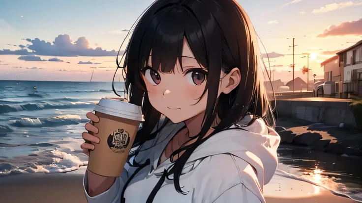 ((Long Shot))　Ocean　Beach　Calm waves　Long black hair　Cool woman　Walking on the beach　Shine　　Wearing a white hoodie　holding a paper coffee cup　evening　Sunset