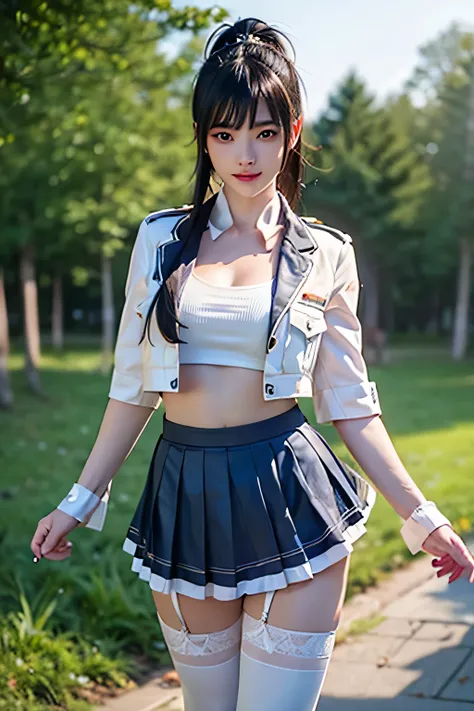 An innocent 20-year-old girl、((Police Officer Uniform, Mini Skirt, white thighhighs, Dramatic Pose)),smile, (High Ponytail),natural Park、RAW Photos, (8k、highest quality、masterpiece:1.2)、(Intricate details:1.4)、(Photorealistic:1.4)、Octane Rendering、Complex ...