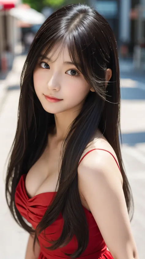 Shining, clear, white skin、Her windblown black hair hides her beautiful face.、huge、Sexy beautiful face of 28 years old、Beautiful straight hair that stands out、growing up, glowing light brown eyes、Sexy long silky bangs covering the eyes, Sexy young woman wi...