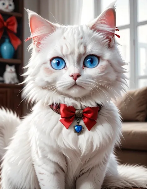 White fur, blue eyes, cute cat in living room, red bow on the back of the neck, looking at viewer. Highly detailed, high-quality cowboy shot. Cute atmosphere.