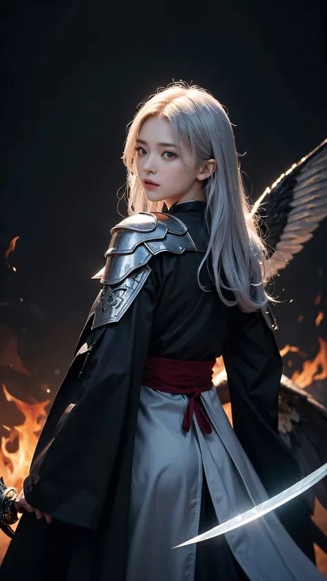 In this masterpiece、Beautiful swordsmen come to life with ultra-detailed illustrations and 8K resolution。The texture of the face and skin is expressed in detail.、The silver hair cascading down her back makes the subject stand out in focus.。She is framed by...