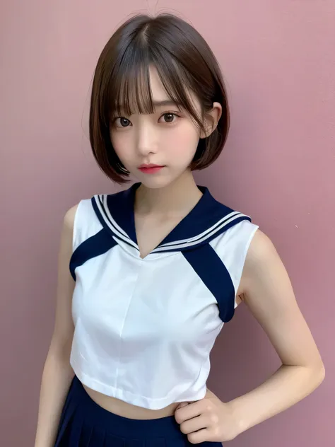 In detail,Full body photo、 High resolution, high quality、Perfect dynamic composition, Beautiful fine details, Blonde、Bobcut、Natural color lip,Kamimei、16-year-old girl、1 person、Clear Skin、Sailor suit、Red mini skirt、Thighs、Shiny Hair、最high quality, figure, V...