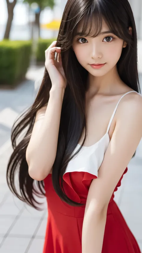 Shining, clear, white skin、Her windblown black hair hides her beautiful face.、huge、Sexy beautiful face of 28 years old、Beautiful straight hair that stands out、growing up, glowing light brown eyes、Sexy long silky bangs covering the eyes, Sexy young woman wi...