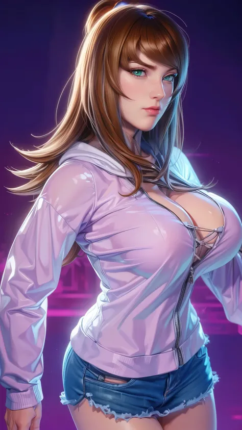 （（（完美figure，figure，solo， White and tender skin，（（（hoodie，wearing a hoodie））），（（（mei_terumi,long hair, brown hair, green eyes, hair over one eye, Red brown crossed long curly hair, right eye covered by hair, pink lips））），((masterpiece)),high resolution, ((B...