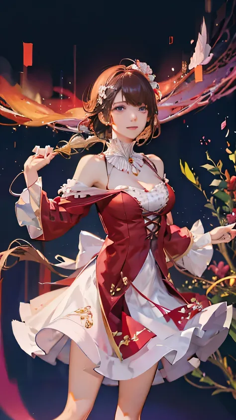 (highest quality, High resolution), Glowing Eyes, Delicate facial features, Vibrant colors, Dreamy atmosphere, Fantasy Theme, Floral Background, Graceful Movement, Detailed clothing, loose fitting dress, Elegant fashion, Magic lighting, Mysterious Aura, He...