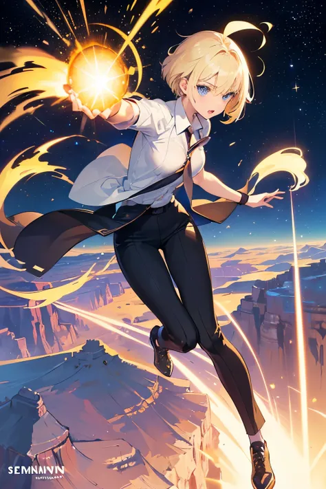 ((1 girl, cute sexy, white-collar office clothes, pants, blonde hair, short hair, wave head, side split hair, blue eyes))), (((blonde)), dynamic pose, comic book style, depicts a group of characters in various action scenes, from intense battles to relaxin...