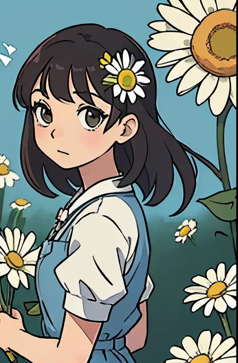 Perfect anime illustration of a girl, daisy flowers in background,holding daisies, pretty
