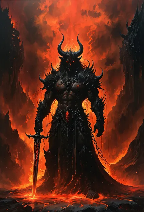 lava demon:1.37,holding a long sword,court-room,hell,bride,iron chain,shackles,dark ominous atmosphere,molten lava,fiery red eye...