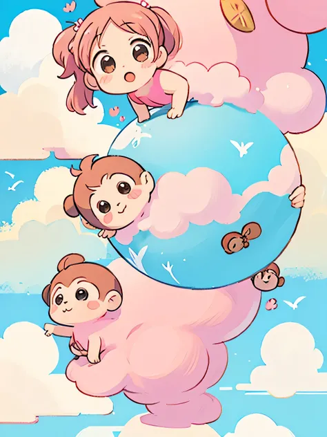 Momoko Sakura style, Kawaii Design, Chibi, (((on the Clouds))), monkeys, monkey Forest