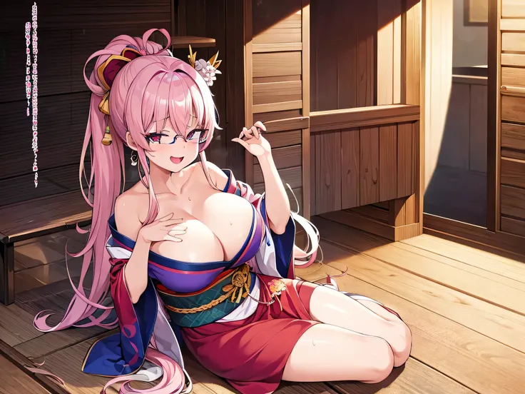 masterpiece、highest quality、1girl , huge breasts、deep cleavage、light pink hair、ponytail、brightly colored eyes、red eyes、glasses、japanese green kimono、charm、Wet、face turns red, very sweaty, dynamic pose、mesugaki、room
