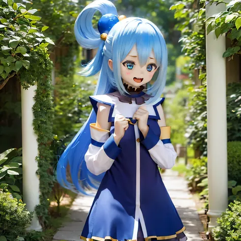 (a young girl and) blue hair, (wear) a white and blue dress, (holding) staff, (standing) wealthy, vibrant garden, (and) colorful...