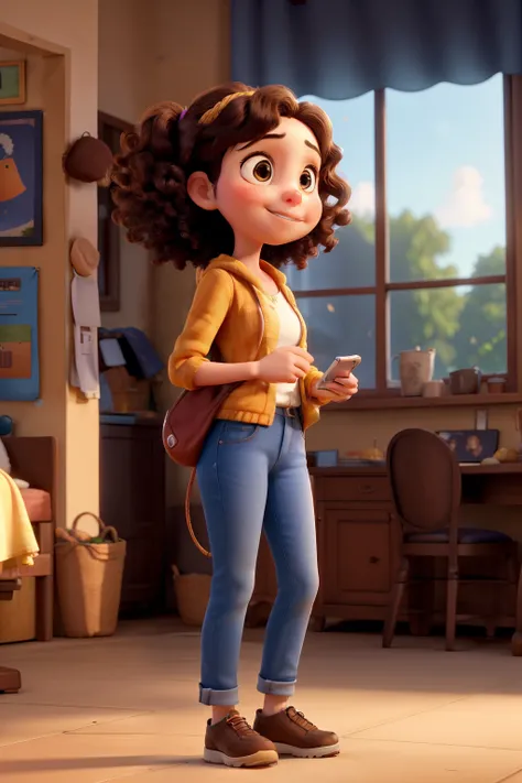 A 24-year-old cute girl, with a 3D, stylized Pixar and Disney quality appearance, stands in a full body, side view position, talking on the phone. Her features are rendered in exquisite detail, showcasing prefect anatomy. The sun sets behind her, casting a...