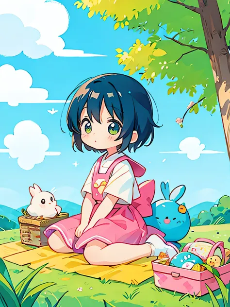 Fujio Akatsuka Style, Kawaii Design, most beautiful girl ever、Chibi, birdie、picnic、on the cloud