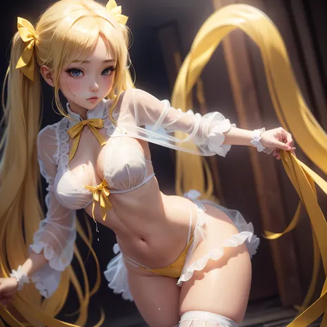 Blonde、Beautiful young woman、Twin tails、Yellow ribbon hair accessory、Magical girl、Sheer clothing、Attractive clothes、Exposed skin、Transparent panties、Thong、Wet, see-through clothes、