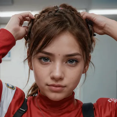 Captura de pantalla de bola no hero de una chica pelirroja con los ojos azul claro, pecas en la cara, labios rosas y tiernos + the kind expression + el uniforme de la escuela de boku no hero