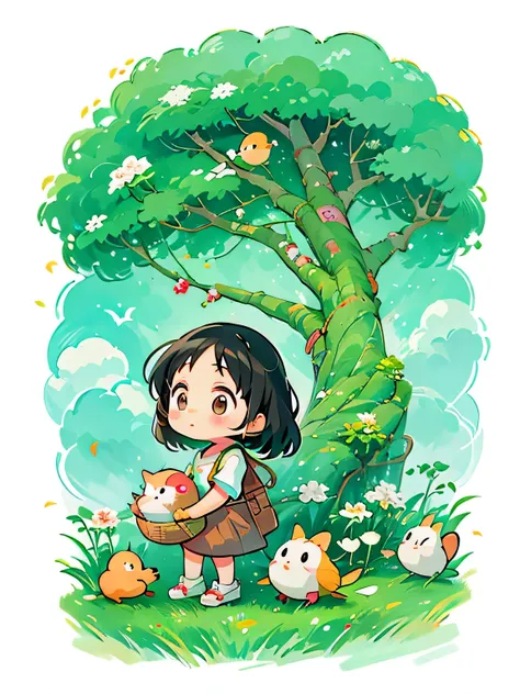 hayao miyazaki、kawaii design, most beautiful girl ever、chibi, birdie、high walls