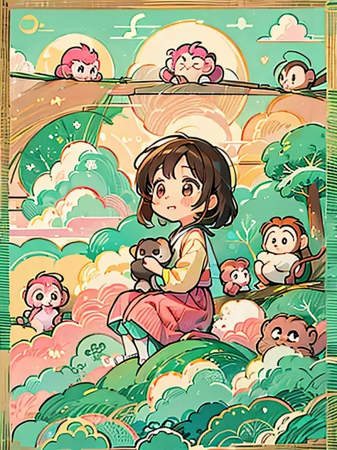 Momoko Sakura style, Kawaii Design, Chibi, (((on the Clouds))), monkeys, monkey Forest