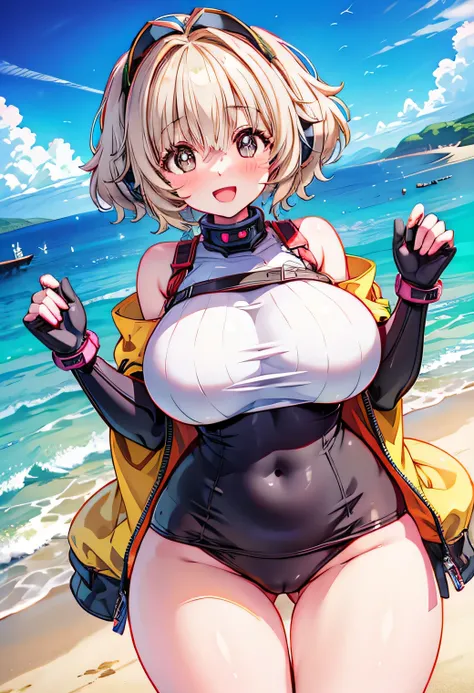 Anime illustration、cyber punk、highest quality、Sandy Beach、Image Video、Idol、Super Sonico、Perfect proportions、overwhelmingly big breasts、Very thick legs、Beautiful, shining eyes、Blushed、smile、Cowboy Shot