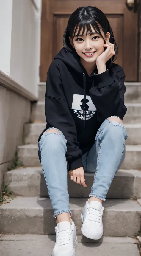 highest quality, Realistic, Very detailed, Finer details, High resolution, 8k wallpaper, One beautiful woman,Sit on the stairs、（Wear black socks）smile、（Beautiful teeth alignment、）（Gums are visible） Oversized hoodie, Skinny jeans,（ Black sneakers）、Black Hai...