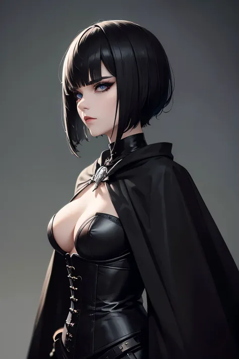 woman with sklfc makeup, black buzzcut, scowl, black robes, corset made of bone, necromancer, simple background || masterpiece, 8k, high resolution, shallow depth of field, sharp focus