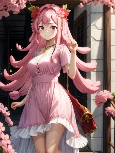 1 girl、Pink Hair、Long Hair、solo、Outdoor、dress、hair ornaments、白いdress、Very long hair、Looking at the viewer、ピンクのflower、bangs、Day、flower、Hair between the eyes、鬠红、Short sleeve、flowerびら、Barrette、cherry blossoms、quiet、building、bag、Red eyes、Are standing、Pink Eyeo...