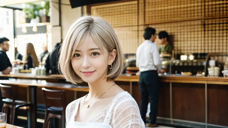 super high quality, Short Hair, Slender, Gravure photoshoot, The staff is working at the counter in the back., (8k、RAW Photos、highest quality、masterpiece:1.2), Japanese Idol, Shaggy, necklace, Stylish café, The cafe is crowded with people enjoying themselv...