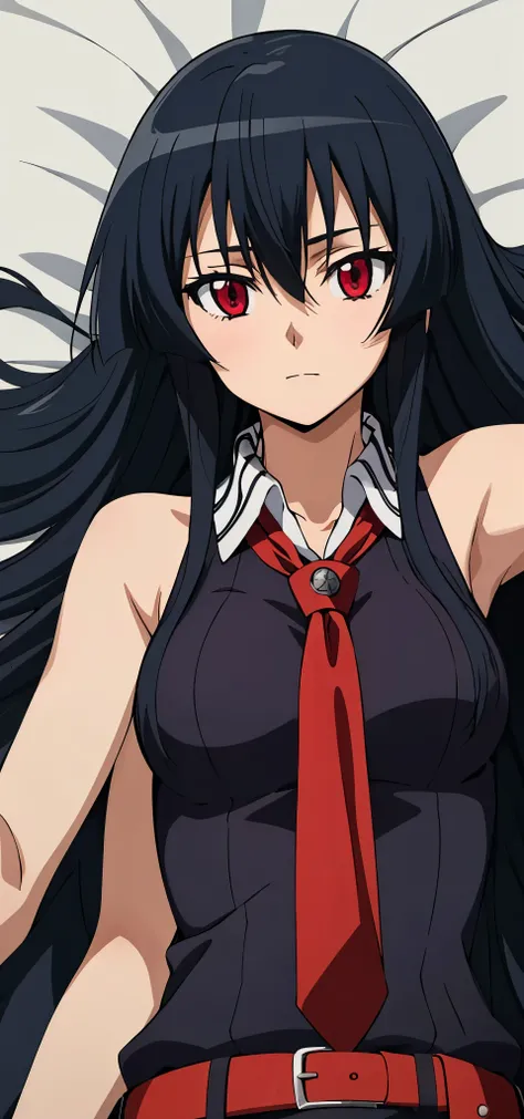 solo, 1girl, looking at viewer, 2D, anime, anime coloring, upper body, akame, necktie, sleeveless, looking at viewer, closed mouth, solo, cowboy shot, lying, on back, on bed,