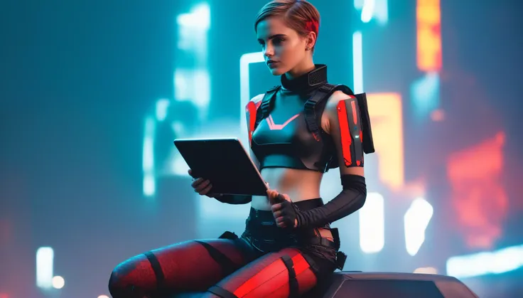 A young female hacker sitting on the hood of an APC in a cyberpunk metropolis facing the viewer, right arm resting on her waist, left arm held forward holding a transparent smart tablet, short undercut haircut, immaculate skin, scared look on her face, tea...
