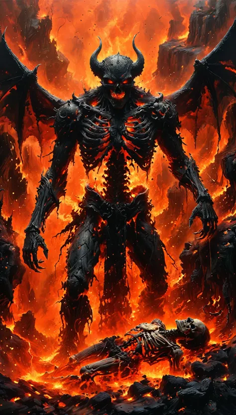 (high quality, detailed, realistic:1.37), (horror, dark, demonic) (1 demon，its body is made of lava.:1.5)。lava demon and demon k...