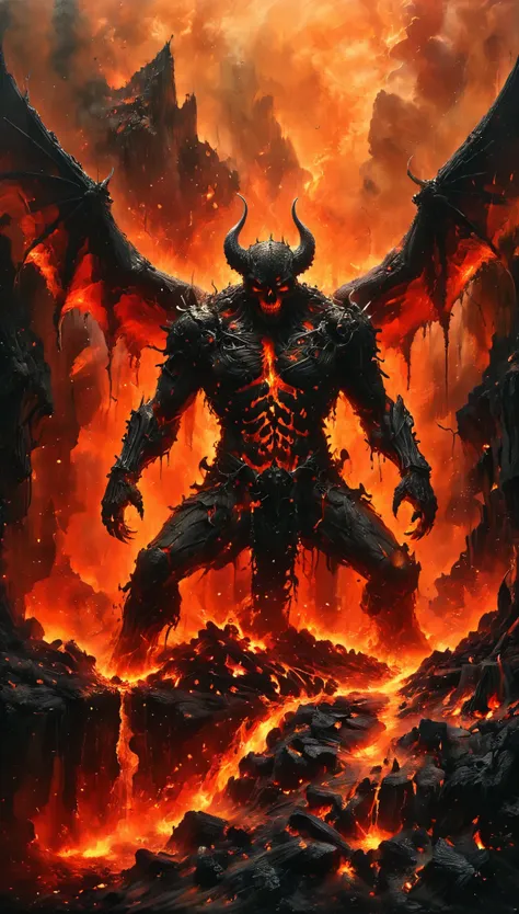 (high quality, detailed, realistic:1.37), (horror, dark, demonic) (1 demon，its body is made of lava.:1.5)。lava demon and demon k...