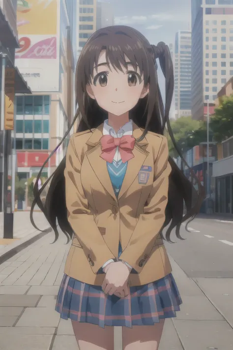 (((pixel perfect, perfect in every detail))), alone, one girl, uzuki shimamura, , blazer, bow, view your viewers, smile, v arms