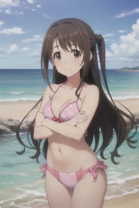 (((Pixel Perfect, Perfect in every detail))), alone, One girl, uzuki shimamura, , Pink Bikini, bow, View your viewers, smile, v Arms