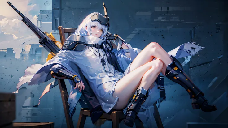 masterpiece),(best quality),(detailed),(detailed 얼굴),(detailed 인체),(detailed 손),(detailed 다리),yellow eyes, white hair, long hair, headgear, mechanical boots, cloak, bare legs, single pauldron,1 person , solo , alone , weapon , produce , weapon produce , ta...