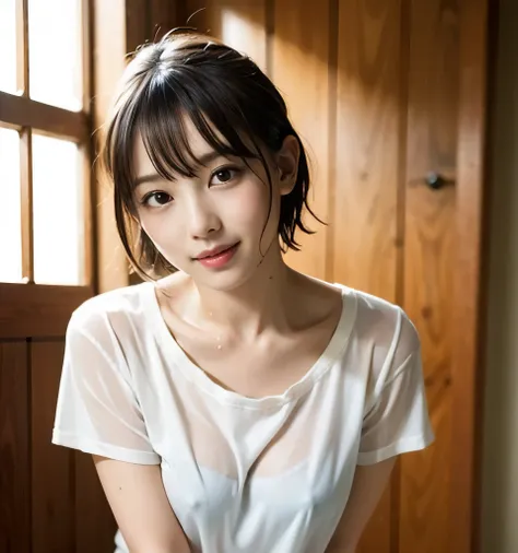 Browsing Caution、highest quality、8k、No makeup、masterpiece、鮮明なphotograph、Ultra-high resolution、Realistic、Professional Lighting、photograph、smile、Very slim、Slender body、cute、White skin、Very short hair、Shower room、Wearing a wet white t-shirt:1.6、頭から膝までのphotogr...