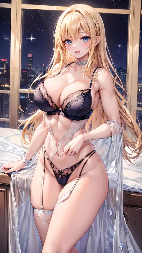 (Adult women:1.5)、Very detailed、highest quality、Best image quality、masterpiece、8k、Anime Face、A kind smile、(Open your mouth:1.3)、Sparkling blue eyes、(Blonde Hair:1.5)、Muscles of the whole body、(High leg:1.5)、Thigh belt、(Wearing lingerie:1.5)、(Cowboy Shot:1....