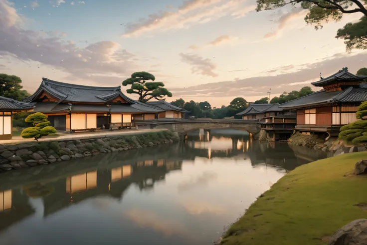 Landscape Photography，Ancient town in the evening，Small bridge，Creek，Riverside Residence，Light Lantern，Surrealism, high detail, Conceptual art, Ukiyo-e, backlighting, drop shadow, UHD, super detail, high quality