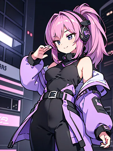 (best quality,4k,8k,highres,masterpiece:1.2), ultra-detailed, (deformed, photorealistic, photo-realistic:1.3), One girl, dynamic, cool, cyber, 17 years old, laughing, happy, soft mouth, long purple fluffy hair, chignon, shiny black eyes, cyber headphones, ...