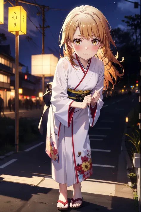 irohaisshiki, Iroha Isshiki, Long Hair, Brown Hair, (Brown eyes:1.5), smile,Yellow Kimono,White tabi,Sandals,日本のFestivalり,夏Festivalりの屋台,Red lantern,Fireworks in the night sky、Fireworks,The place is a fireworks display,Time is night,sunny day,whole bodyがイラス...