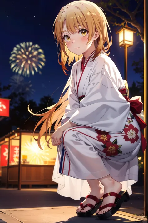 irohaisshiki, Iroha Isshiki, Long Hair, Brown Hair, (Brown eyes:1.5), smile,Yellow Kimono,White tabi,Sandals,日本のFestivalり,夏Festivalりの屋台,Red lantern,Fireworks in the night sky、Fireworks,The place is a fireworks display,Time is night,sunny day,whole bodyがイラス...